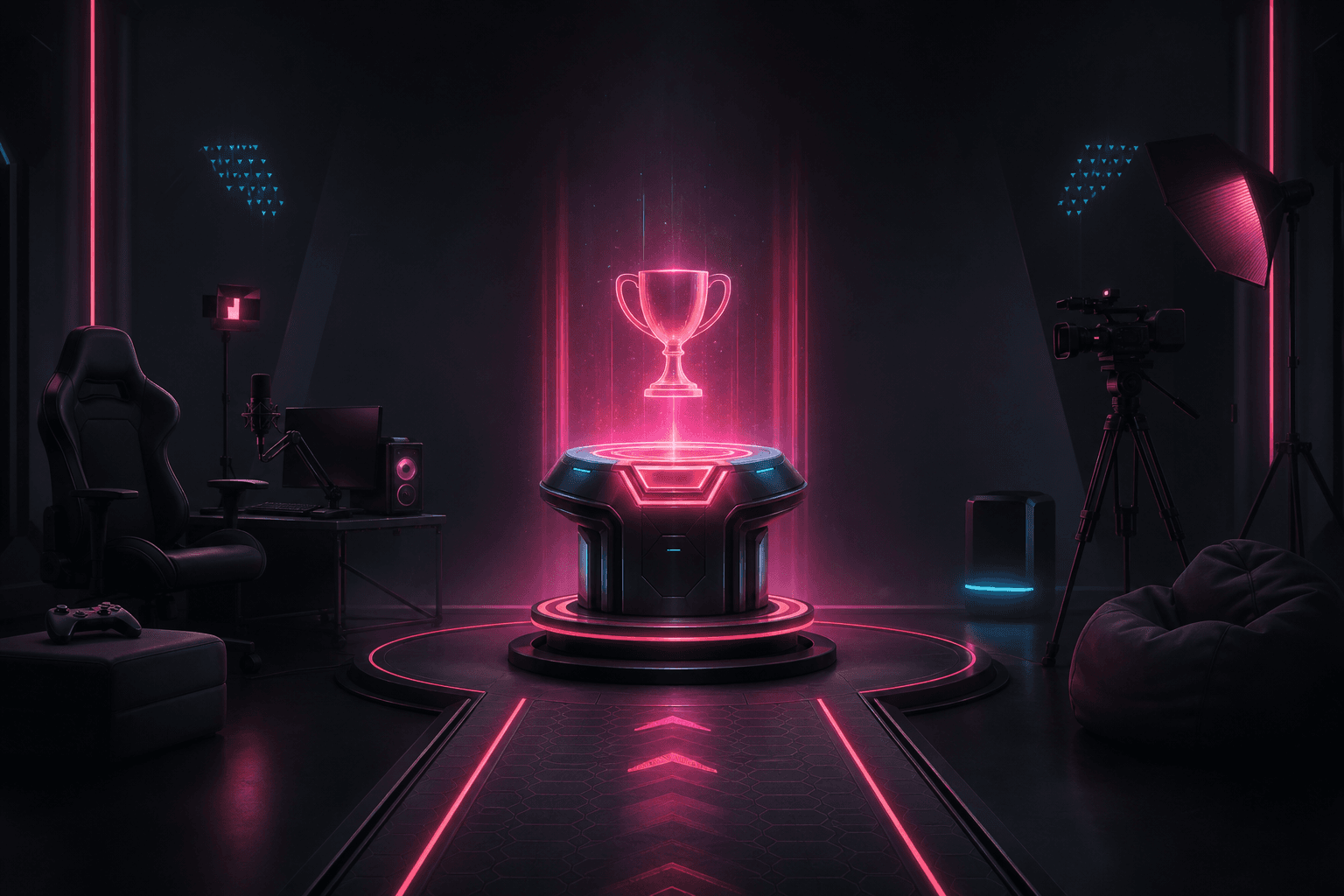 A futuristic QUEST trophy terminal waiting for the next campaign